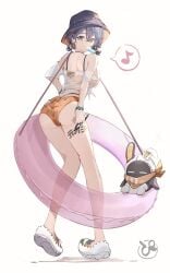 1girls ass back bangboo_(zenless_zone_zero) belle_(summer_skies)_(zenless_zone_zero) belle_(zenless_zone_zero) black_hair black_hat bowl bowl_hat breasts commentary_request eous_(zenless_zone_zero) female food food_in_mouth full_body hat highres holding holding_marker large_breasts looking_to_the_side marker musical_note orange_shorts pinjirooo pink_innertube popsicle popsicle_in_mouth see-through_clothes see-through_shirt shirt shoes short_shorts shorts simple_background solo white_background white_shirt white_shoes zenless_zone_zero