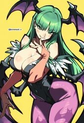 1girl absurdres bare_shoulders black_leotard breasts bridal_gauntlets cleavage cowboy_shot darkstalkers demon_girl green_eyes green_hair head_wings highres komatsuki_n large_breasts leotard long_hair low_wings morrigan_aensland multiple_wings pantyhose print_pantyhose purple_pantyhose simple_background solo succubus tagme twitter_username wings yellow_background