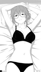 bed bedroom black_and_white bra call_of_the_night emotionless glasses monochrome panties tagme tim_heyderich uguisu_anko underwear yofukashi_no_uta