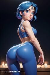 , 1girls ai_generated ami_mizuno ass bare_shoulders bishoujo_senshi_sailor_moon blue_eyes blue_hair blue_pants blue_sports_bra breasts cameltoe candle circlet earrings from_behind hi_res jewelry lips looking_at_viewer looking_back medium_breasts mizuno_ami nose pants patreon_username progenarts sailor_mercury short_hair solo sports_bra stud_earrings yoga_pants