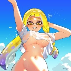 1girls 2won2 agent_3_(splatoon_3) animal_humanoid anthro arms_up big_breasts blue_sky blush bottomless bottomless_female braid breasts cephalopod cephalopod_humanoid cleavage female female_only heart humanoid inkling inkling_girl light-skinned_female light_skin long_hair looking_at_viewer mask_(marking) midriff navel new_agent_3_(splatoon) nintendo no_bra no_panties pointy_ears pseudo_hair smiling_at_viewer solo solo_female solo_focus splatoon splatoon_(series) splatoon_3 splatoon_3:_return_of_the_mammalians squid tentacle tentacle_hair twowontwo underboob veronika_(splatoon) wet_shirt wetshirt yellow_eyes yellow_hair