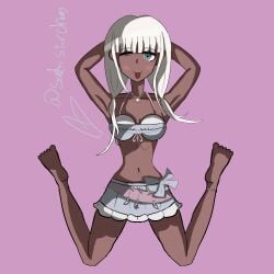 angie_yonaga blue_eyes blue_skirt cute danganronpa danganronpa_v3 dark_skin dressed feet posing sexy white_hair winking yonaga_angie