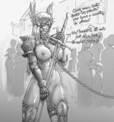 armor bit_gag blindfold blindfolded chains collar drool drooling english_text female female_focus femsub gag gagged greyscale humiliation metal_collar public_exposure revealing_armor sirpetus sword text weapon