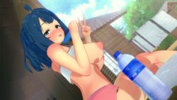 1girls 3d big_breasts blue_eyes blue_hair blush busty clothes_lift female female_only from_side hi_res large_breasts legs looking_at_viewer make_heroine_ga_oo_sugiru! midriff naughty_face nipples pose posing puffy_nipples shorts sideboob sitting smile solo sweat tank_top tank_top_lift thighs tongue tongue_out v voluptuous yanami_anna