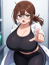 ai_generated angry brown_eyes brown_hair female female jenn_the_scientist large_ass large_breasts long_hair original_character pointing_at_viewer ponytail thick_thighs wide_hips