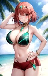 1girl ;\) ai_generated alternate_costume arm_up armpits bare_arms bare_shoulders beach bikini black_bikini blue_sky blurry blurry_background blush bob_cut bracelet breasts chest_jewel choker circlet cleavage closed_mouth cloud cloudy_sky collarbone contrapposto cowboy_shot day drop_earrings earrings female gem green_bikini hair_ornament halterneck hand_in_own_hair hand_on_own_hip hand_up headpiece highleg highleg_bikini jewelry large_breasts lens_flare looking_at_viewer nail_polish navel ocean one_eye_closed outdoors palm_leaf palm_tree pixiv pyra_(xenoblade) red_eyes red_hair red_nails red_shorts rena_aikawa_(pixiv_user) sand shore short_hair short_shorts shorts sideboob sidelocks skindentation sky smile solo stable_diffusion standing stomach strap_gap string_bikini sunlight swept_bangs swimsuit tagme thighs tiara tree underboob water xenoblade_(series) xenoblade_chronicles_2