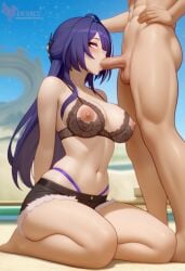1boy 1girls 2d ahe_gao ai_generated areolae ass beach big_ass bra breasts denim denim_shorts erection erophoenix female female_focus full_body large_breasts looking_at_viewer looking_back nipples nude ocean pale_skinned_female patreon_username purple_hair shorts shortspenis sweat thick thick_thighs uncensored