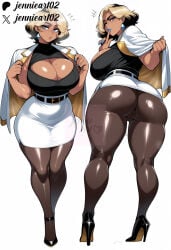 1girl ai_generated artist_name ass ass_focus belt black_belt black_footwear black_hair blonde_hair blue_eyes blue_eyeshadow blue_lips blue_nails breasts cleavage cleavage_cutout clothing clothing_cutout curvy dark-skinned_female dark_skin domina earrings female finger_to_mouth footwear from_behind full_body high_heels huge_ass huge_breasts jacket jacket_on_shoulders jennieart02 jewelry kneepits large_breasts lipstick looking_at_viewer looking_back makeup mature_female miniskirt mole mole_on_breast mole_under_eye multicolored_hair multiple_views nail_polish office_lady overwatch overwatch_2 pantyhose patreon patreon_logo patreon_username pencil_skirt shirt shoes short_hair shushing simple_background skirt sleeveless standing thick_thighs thighs triangle_earrings turtleneck twitter twitter_username two-tone_hair watermark white_background white_jacket white_skirt wide_hips