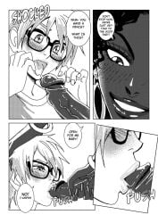 1boy 1futa 2d 2d_(artwork) 4koma anal_invaders anasheya black_hair brown_eyes dark-skinned_futanari dark_skin dialogue futa_on_male futadom futanari glasses interracial kara_(anasheya) light_skin male monochrome original_characters speech_bubble