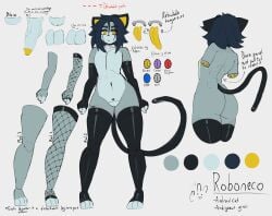 absurd_res ambiguous_gender android anthro armwear ass big_butt clothing detachable domestic_cat featureless_crotch felid feline felis fishnet_clothing genitals glowing glowing_eyes hi_res legwear machine mammal model_sheet ongongio penis pussy roboneco robot solo standing thick_thighs tongue wide_hips