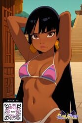 ai_generated arm_behind_head armpits arms_behind_head arms_up artist_logo bangs bare_shoulders bikini black_hair blunt_bangs blush breasts brown_eyes chel_(the_road_to_el_dorado) clavicle cleavage closed_mouth clothing cowboy_shot dark-skinned_female dark_skin day earrings female female female_only jewelry large_breasts lips littlehentai long_hair looking_at_viewer medium_breasts midriff navel one_arm_up outdoors parted_lips pink_bikini savitar savitar_(artist) solo standing stomach swimsuit the_road_to_el_dorado thighs underboob very_long_hair