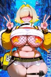 ai_generated city elegg_(nikke) fishnet_topwear goddess_of_victory:_nikke headletzer pasties peace_sign street tagme