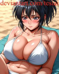 1girls ai_generated ass big_ass big_breasts bikini black_hair blue_eyes breasts busty busty_female female female_only huge_ass huge_breasts large_ass large_breasts light-skinned_female light_skin manyuu_chifusa manyuu_hikenchou navel ponytail solo_female swimsuit tesiai voluptuous voluptuous_female