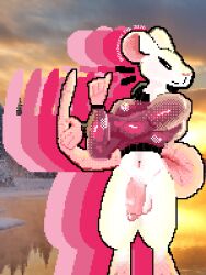 anthro big_tail bottomless clothed clothing digital_media_(artwork) dither_rat femboy flaccid fur genitals human male mammal murid murine penis pixel_(artwork) rat rodent solo stretching_arms tail topwear topwear_only white_body white_fur