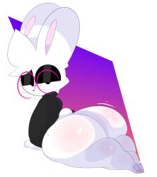 anthro ass big_ass bunny femboy freckles_on_ass glasses konaditto looking_at_viewer looking_back lying_down lying_on_stomach simple_background squashortstacks unnamed_character