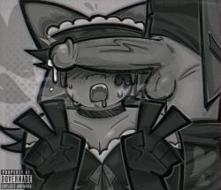 1nonbinary black_and_white blush collar cum_drip dovernade drooling gijinka humanization humanized jumpcut! maid_outfit mouth_open peace_sign penis_over_eyes steaming_body stitch_(jumpcut!) sweat watermark