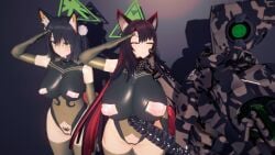 1boy 2girls 3d alternate_breast_size alternate_costume alternate_eye_color artist_request bad_end barcode barcode_tattoo black_hair blue_archive brainwashing breasts captured corrupted corruption crotch_tattoo defeated defeated_heroine female_combatant femsub forced fox_ears fox_girl fox_tail halo hypnosis izuna_(blue_archive) kaiser_pmc_(blue_archive) kaiser_pmc_corruption koikatsu koikatsu_(medium) large_breasts mind_control ntr presenting property red_hair robot salute sexy_squatting slave squatting submissive_female tattoo transforming_into_combatant two-tone_hair wakamo_(blue_archive) womb_tattoo