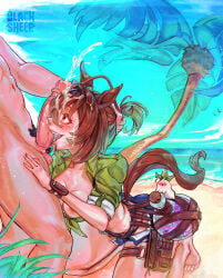agnes_tachyon_(umamusume) beach bikini bikini_top black_gloves blacksheepdraws brown_eyes crazy_eyes crazy_face crazy_smile cum cum_on_hair cum_outside cumshot dick_on_face eyes_up grab_hair grab_head horse_ears horse_tail jean_shorts kneeling kneeling_oral_position oral_sex straps tail tits umamusume vest vest_open
