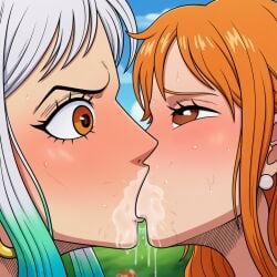 2girls ai_generated excessive_saliva eyes_open eyes_wide_open kissing light-skinned light_skin long_hair multicolored_hair nami_(one_piece) novelai one_piece open_eyes orange_eyes orange_hair saliva sloppy_kiss yamato_(one_piece)