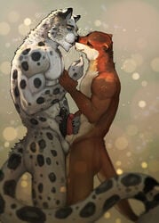 2boys blue_eyes brown_fur couple feline frottage fur furry furry_only gay grey_fur humanoid_penis kissing leopard male male_only mammal mustelid otter penis pockyrumz snow_leopard whiskers white_fur yaoi