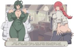 2girls 7_passes ass biting_lip breasts chainsaw_man cleavage crossover fubuki_(one-punch_man) imminent_sex job_interview lesbian makima_(chainsaw_man) nervous one-punch_man pulling_down_pants sweating undressing