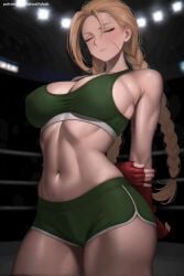 1girl ai_generated blonde_hair braid breasts cammy_white cleavage closed_eyes covered_nipples fingerless_gloves forehead gloves hi_res high_quality high_resolution large_breasts long_hair midriff navel patreon red_gloves seductive sexy shorts solo street_fighter twin_braids uncensored watermark