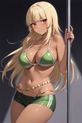 1girl ai-created ai_generated bangs bare_arms bare_shoulders belly_chain bikini bikini_shorts blonde_hair blunt_bangs blush boyshorts breasts busty clavicle cleavage closed_mouth clothing dancing dark-skinned_female dark_skin eyebrows female gokukoku_no_brynhildr green_bikini green_shorts green_swimsuit halterneck hand_up high_resolution holding holding_pole jewelry large_breasts long_hair looking_at_viewer micro_shorts navel pole pole_dancing portrait red_eyes rena_aikawa_(pixiv_user) short_shorts shorts sidelocks skindentation smile solo standing stomach strap_gap string_bikini stripper stripper_pole swimsuit tachibana_mina_(gokukoku_no_brynhildr) thighs underboob v-shaped_eyebrows