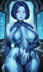 ai_generated big_breasts blue_body blue_hair blue_lips blue_skin bob_cut cameltoe circuit_markings cortana curvaceous curvy glossy_skin halo halo_(game) halo_(series) hand_on_belly huge_breasts huge_tits ink_model large_breasts looking_away nipple_bulge short_hair thick_thighs voluptuous voluptuous_body wide_hips