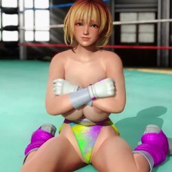 3d animated areolae blonde_hair breasts breasts_out covering covering_breasts dead_or_alive dead_or_alive_5 doahdm exhibitionism exhibitionist huge_breasts kneeling meg_(doa) nipples public public_nudity reluctant revealing_breasts short_hair tagme topless video
