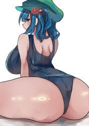 anger_vein angry ass_focus blush embarrassed expressionless from_behind gigantic_ass gigantic_breasts hyper_ass looking_back nitori_kawashiro sitting touhou