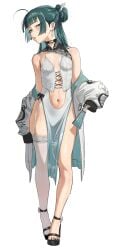1girl 1girls bare_shoulders blue_eyes breasts corset cropped_legs earring flat_chest flat_chested freckles green_hair hair_bun hairpin jacket kusuriya_no_hitorigoto legs maomao_(kusuriya_no_hitorigoto) navel off_shoulder one_stocking single_thighhigh sleeves_past_wrists small_breasts solo solo_female solo_focus stockings tiny_breasts waligner white_jacket