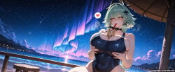 1girl ai_assisted ai_generated bangs bare_shoulders blue_swimsuit blush breasts caesar_king covered_navel curvaceous curvy curvy_female curvy_figure eyebrows_visible_through_hair female green_hair hair_between_eyes hair_ornament heart huge_breasts looking_at_viewer miyuai night night_sky one-piece_swimsuit pool short_hair sky smile solo spoken_heart star_(sky) starry_sky swimsuit thick thick_ass thick_butt thick_hips thick_legs thick_thighs voluptuous voluptuous_female wide_hips wide_thighs yellow_eyes zenless_zone_zero