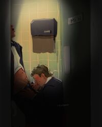 2boys bathroom blowjob body_hair clothed colored gay heated_rivalry ilya_rozanov kneeling shane_hollander