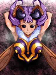 1girls armpit_showing arms_behind_back bee_girl big_breasts capcom darkstalkers facing_viewer imminent_sex insect_girl insect_wings oppaotintin q-bee stuck_in_wall textless wings