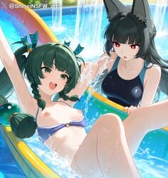 2girls ai_generated black_hair breasts green_eyes green_hair hoshimi_miyabi nipples qingyi_(zenless_zone_zero) red_eyes shineinsfw smile uncensored wet zenless_zone_zero