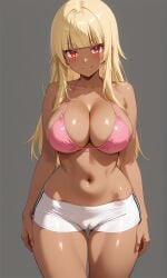 1girl ai-created ai_generated arms_at_sides bangs bare_arms bare_shoulders bikini bikini_shorts bikini_top bikini_top_only blonde_hair blunt_bangs blush boyshorts bra breasts busty cameltoe clavicle cleavage closed_mouth clothing dark-skinned_female dark_skin female female_only gokukoku_no_brynhildr gyaru halterneck high_resolution large_breasts long_hair looking_at_viewer micro_shorts mole mole_under_eye navel pink_bikini pink_bra pink_clothing pink_swimsuit pink_underwear portrait red_eyes rena_aikawa_(pixiv_user) short_shorts shorts sidelocks smile solo standing stomach string_bikini swimsuit tachibana_mina_(gokukoku_no_brynhildr) thigh_gap thighs underwear virtual_youtuber white_shorts wide_hips