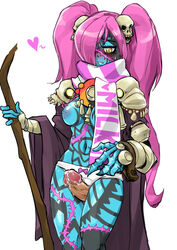 1boy 1girls areolae armor bandage blue_skin blush bow bow_panties breasts cape cloak code_of_princess colored dark_nipples eyelashes female greyface grinding hair_ornament hair_over_one_eye heart human lady_zozo long_hair looking_down navel nipples outercourse panties penis pink_hair precum ribbon scar scarf skull skull_hair_ornament smile solo staff tattoo text thigh_sex tied_hair topless twintails underwear veins veiny_penis very_long_hair weapon white_background white_panties yellow_eyes