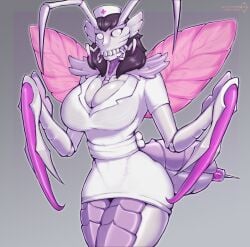 antennae_(anatomy) arms_up big_breasts black_hair exoskeleton ferrousred huge_breasts insect_girl insect_humanoid insect_wings large_breasts long_ears mandibles molting mucus nurse nurse_uniform oc pincers pink_eyes sitting transformation wet wet_hair