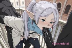 1girl ai_assisted ai_generated balcony behind_view black_blouse blue_scarf boots brown_footwear buttons collar doggystyle earrings elf embarrassed frieren gangbang gray_hair green_eyes jeans long_hair outside parted_bangs pointy_ears ponytail pov pussy_sex saliva screaming shaking standing twintails white_coat