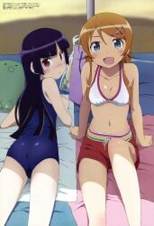 2girls brown_hair copyright_name fang female_focus frown gokou_ruri hair_ornament hairclip highres hime_cut kousaka_kirino long_hair looking_at_viewer looking_back lying multiple_girls official_art on_stomach one-piece_swimsuit open_mouth ore_no_imouto_ga_konna_ni_kawaii_wake_ga_nai red_eyes short_shorts shorts sitting smile swimsuit towel yokoi_masashi