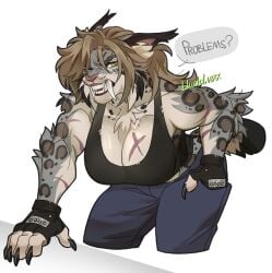 breasts fangs feline female hair muscular_female