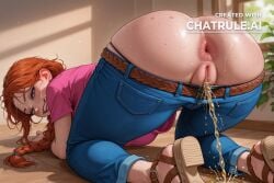 1girl ai_assisted ai_generated bbw belt belt_buckle big_anus blue_jeans cum_on_face freckles jodi_(stardew_valley) latex_outfit latex_panties long_hair orange_hair pee peeing presenting_ass purple_eyes red_lipstick sandals showing_butt stardew_valley