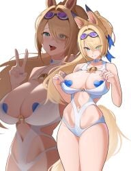 1girl animal_ears blonde_hair breasts choker commentary eyes_visible_through_hair goggles goggles_on_head green_eyes hair_intakes hair_over_one_eye heart heart_pasties highres horse_ears horse_girl horse_tail large_breasts multiple_views navel official_alternate_costume one-piece_swimsuit open_mouth pasties ponytail purple-tinted_eyewear sigrid_de_l'azur simple_background smile swim_goggles swimsuit tail tinted_eyewear tongue tongue_out v white_background white_one-piece_swimsuit zenless_zone_zero