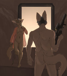 areola back big_ears breasts brown_fur canine duo fara_phoenix female fox fur green_eyes gun helmet lucieth male mammal navel nightgown nintendo nipples nude pussy ranged_weapon standing star_fox video_games weapon