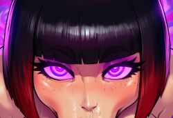 1girl ai_generated black_hair blunt_bangs bob_cut bustybunz close-up commentary_request dark-skinned_female dark_skin face_focus glowing_eyes looking_at_viewer purple_eyes red_hair saliva solo spiral_eyes tagme vikki_noir