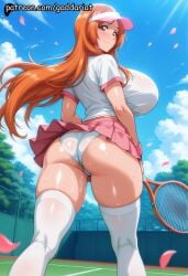 1girl ai_generated ankle_socks bleach bleach:_the_thousand-year_blood_war blush bokeh_background breasts clothes_lift collared_shirt curvy from_behind gaddariat gloves huge_breasts inoue_orihime large_breasts looking_back miniskirt no_smile orihime_inoue panties patreon pleated_skirt short_sleeves slim_waist socks solo_focus sportswear standing tennis_racket thighhighs visor voluptuous wristband
