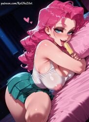 1girl 2026 ai_generated anime bare_shoulders bed blue_eyes blush boobs breasts cleavage covered_nipples crossover equestria_girls exposed_nipples eye_contact female female_focus flushed food green_skirt heart highres huge_breasts indoors inside large_breasts licking long_hair looking_at_viewer lying mlp moaning my_little_pony nipples nsfw on_bed open_mouth patreon pillow pink_hair pinkie_pie_(mlp) pleated_skirt popsicle rognezart saliva see-through shiny shiny_hair shiny_skin skirt smile smiling solo sweat sweaty tongue tongue_out very_long_hair