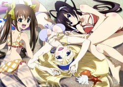 10s 3girls :d absurdres barefoot beach bikini black_hair blonde_hair blue_eyes breasts brown_hair cecilia_alcott cleavage fang feet green_eyes hairband highres huang_lingyin infinite_stratos kuniyuki_yurie legs long_hair long_legs looking_back lying multiple_girls navel non-web_source nyantype official_art on_back on_side open_mouth ponytail scan shinonono_houki smile starfish swimsuit twintails upside-down very_long_hair