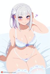2026 2d absurd absurdres elf emilia_(re:zero) female_focus female_only green_hair hi high highres hips huge_butt huge_thighs lingerie lordmitsuri medium_breasts milf mommy on_bed patreon quality res resolution seductive sitting wide_hips