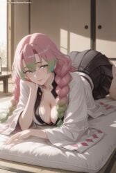1girl ai_generated artist_name black_skirt blush braid breasts cleavage coat gradient_hair green_hair haori heart_print hi_res high_quality high_resolution japanese_clothes kanroji_mitsuri kimetsu_no_yaiba large_breasts long_hair long_sleeves looking_at_viewer miniskirt mole mole_under_eye multicolored_hair patreon petals pink_hair pleated_skirt seductive sexy skirt solo sunlight sword thighs uncensored uniform watermark weapon wide_sleeves